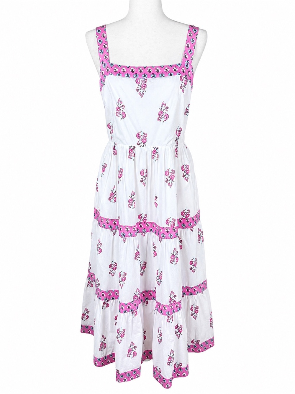 J.Crew Block Print Tiered Midi Dress White Pink Floral Square Neck Cotton SZ 10 - Picture 2 of 16